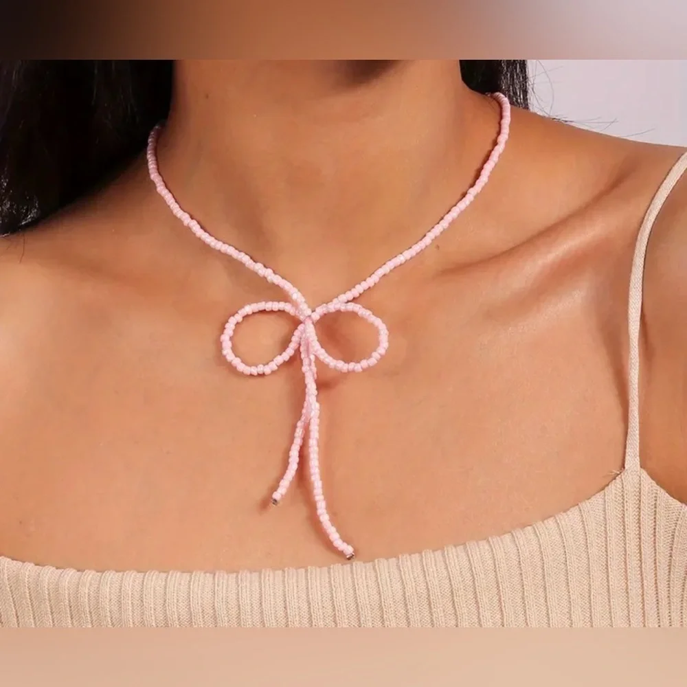 Delicate Pink Bow Necklace Choker Style